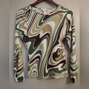 Earthbound Trading Co. Groovy Swirl Print Ribbed Long Sleeve Top M Flower Cutout